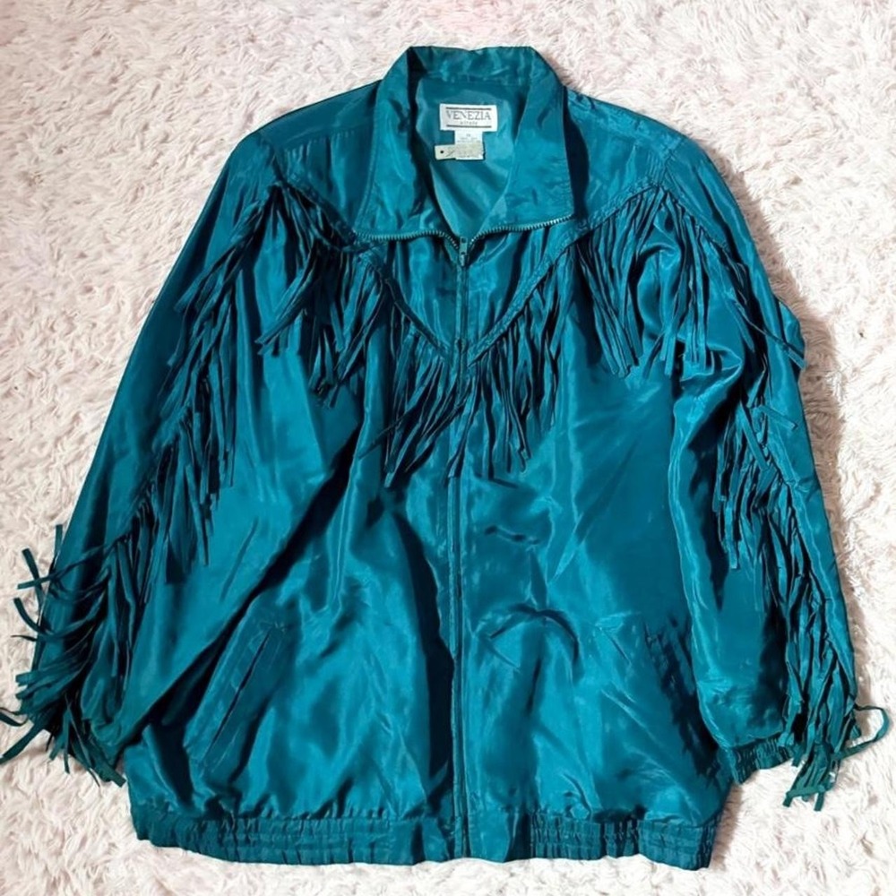 Vintage 80s 100% Silk Western Fringe Windbreaker Jacket Zip Up Womens 1X Retro